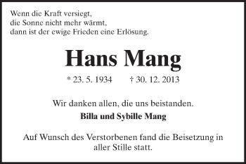 Traueranzeige von Hans Mang von Darmstädter Echo